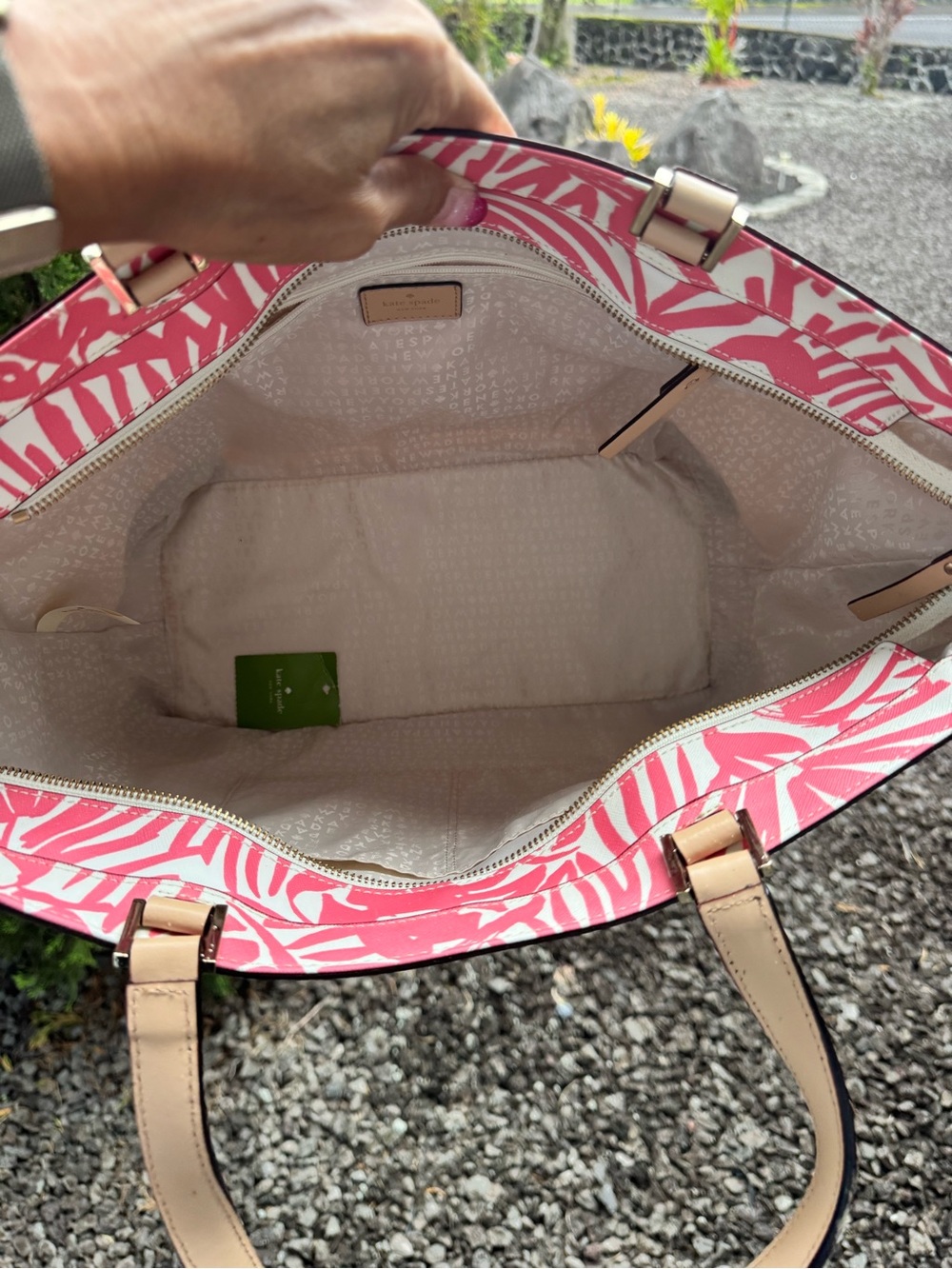 Kate Spade Pink White Tropical Floral Large Zip Tote Shoulder Bag - Picture 9 of 11